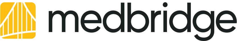 Medbridge logo with black lowercase text and a yellow line design on the left.